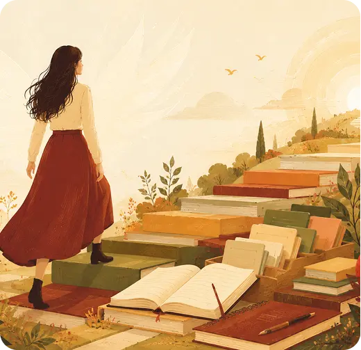 Девушка поднимается по ступеням из книг к знаниям