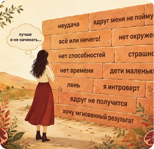 Девушка перед стеной с мыслями, которые мешают начать говорить на иврите