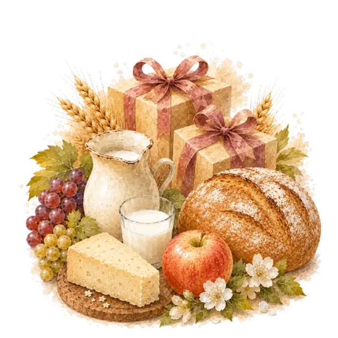 Праздничный комплект Шавуот с хлебом, молоком, сыром, виноградом и подарками